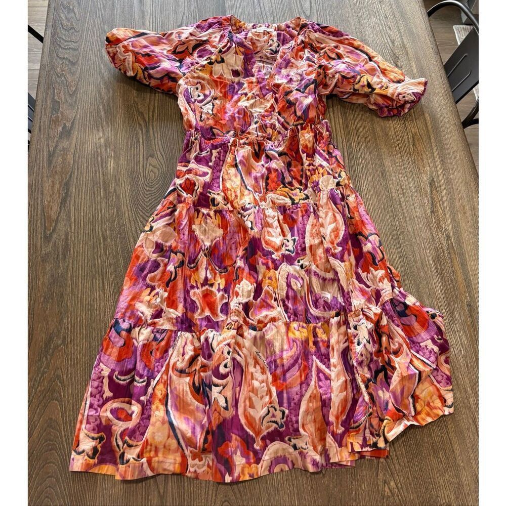 Chico's Womens Tiered Puff Sleeve Midi Dress Floral Paisley Colorful Size 0